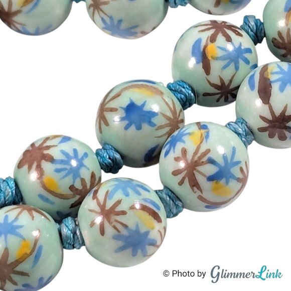 Vintage Chinese Export Hand Painted Knotted Blue Round Porcelain Bead Necklace - Picture 7 of 10